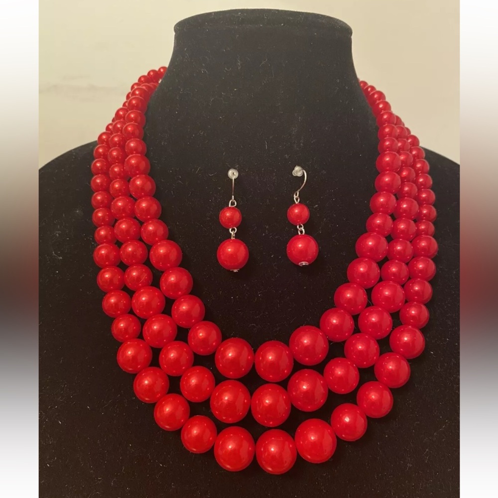 Red Beaded Statement Necklace & Pierced Earring Set